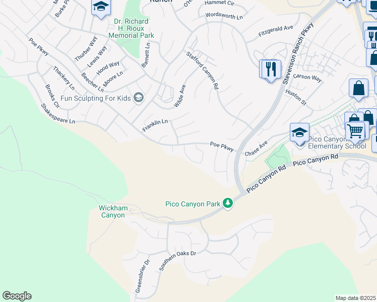 map of restaurants, bars, coffee shops, grocery stores, and more near 25352 Clarke Street in Stevenson Ranch
