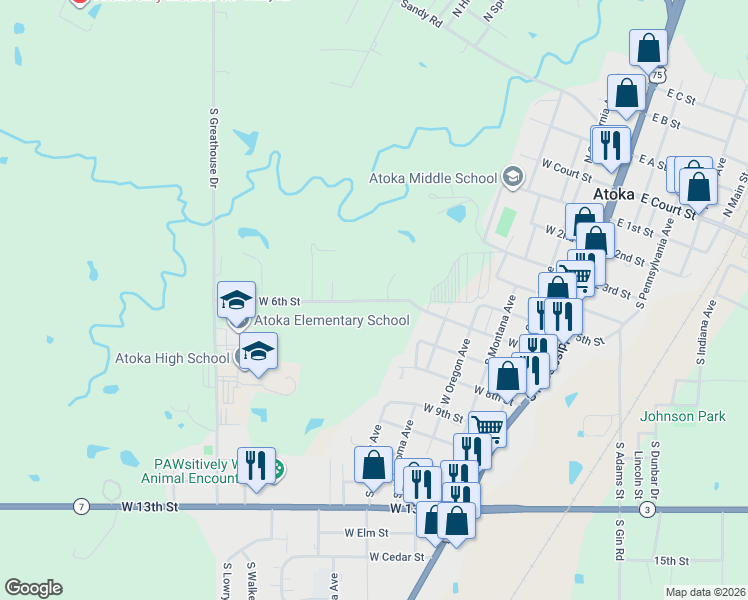 map of restaurants, bars, coffee shops, grocery stores, and more near 605 West 6th Street in Atoka