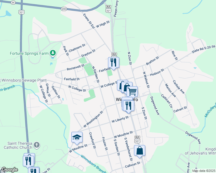 map of restaurants, bars, coffee shops, grocery stores, and more near 210 North Garden Street in Winnsboro