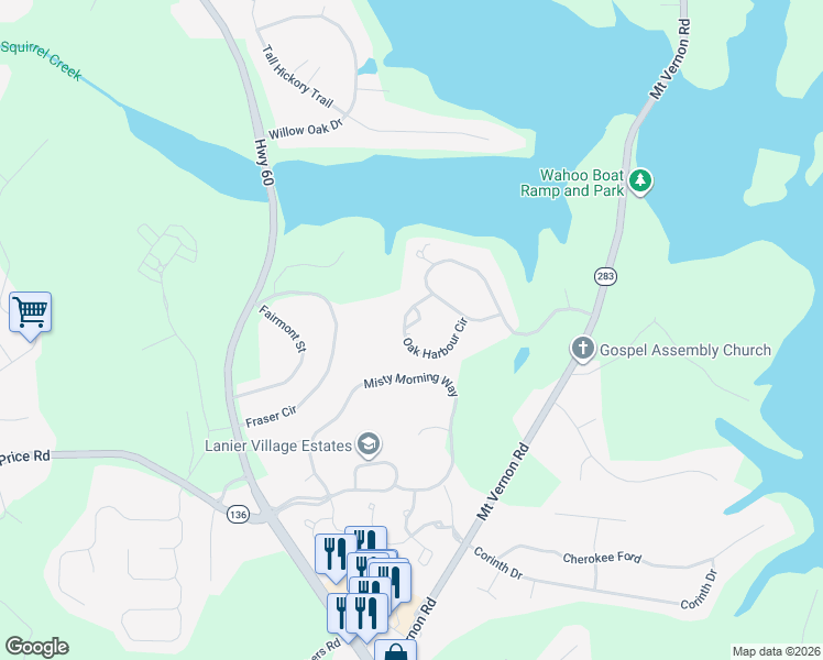 map of restaurants, bars, coffee shops, grocery stores, and more near 4046 Oak Harbour Circle in Gainesville