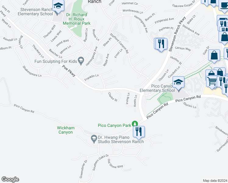 map of restaurants, bars, coffee shops, grocery stores, and more near 25359 Joyce Place in Stevenson Ranch
