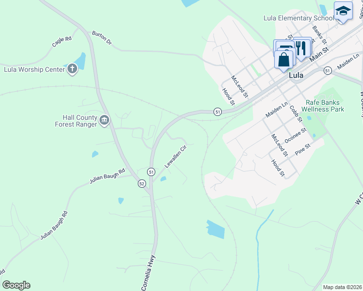 map of restaurants, bars, coffee shops, grocery stores, and more near 5563 Lewallen Circle in Lula