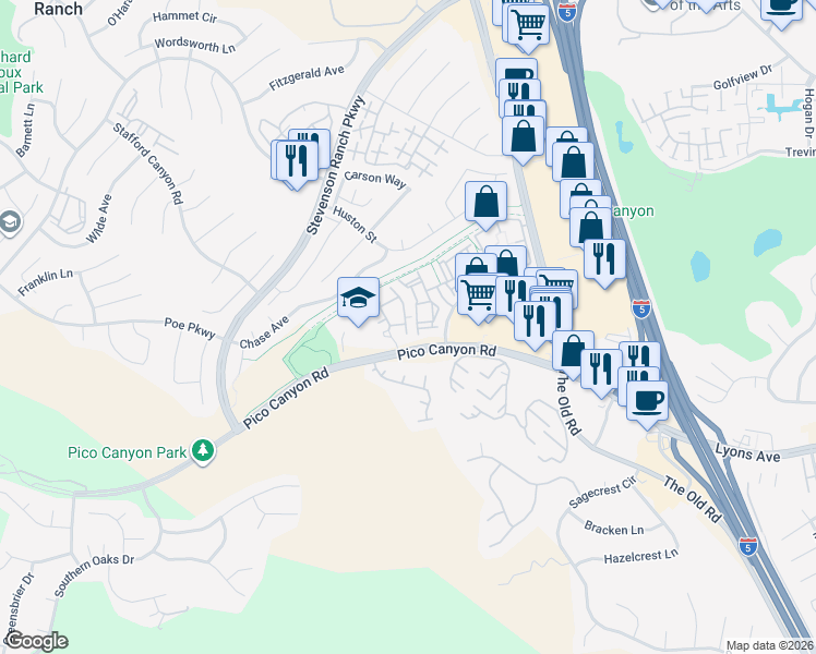 map of restaurants, bars, coffee shops, grocery stores, and more near 25444 Wharton Drive in Stevenson Ranch