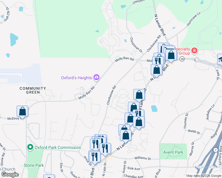 map of restaurants, bars, coffee shops, grocery stores, and more near 956-1398 Chickasaw Road in Oxford