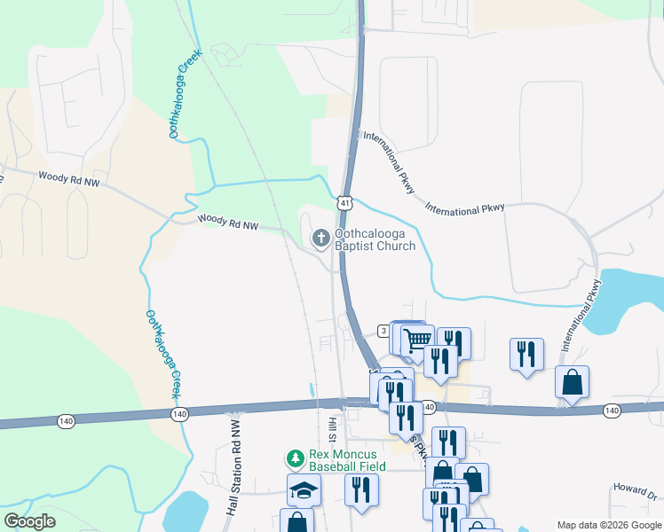 map of restaurants, bars, coffee shops, grocery stores, and more near 0 Woody Road in Adairsville
