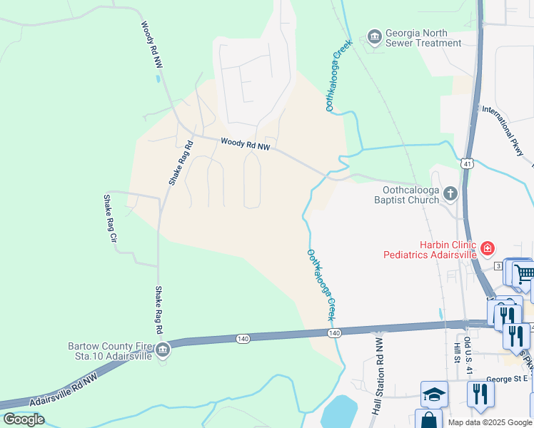 map of restaurants, bars, coffee shops, grocery stores, and more near 31 Thacker Trail in Adairsville