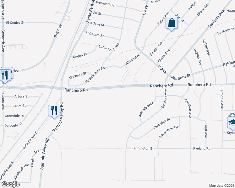map of restaurants, bars, coffee shops, grocery stores, and more near 16333 Ranchero Road in Hesperia