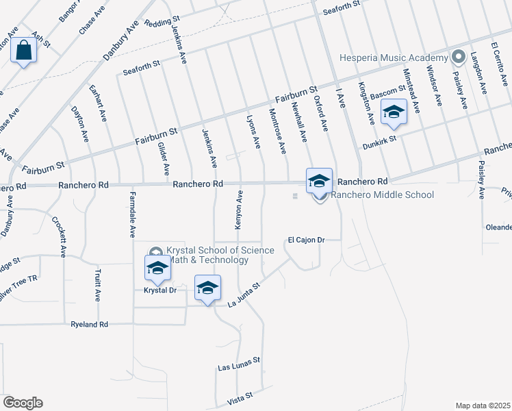 map of restaurants, bars, coffee shops, grocery stores, and more near 7240 Lyons Avenue in Hesperia