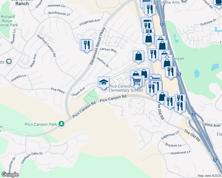 map of restaurants, bars, coffee shops, grocery stores, and more near 25209 Bishop Court in Stevenson Ranch