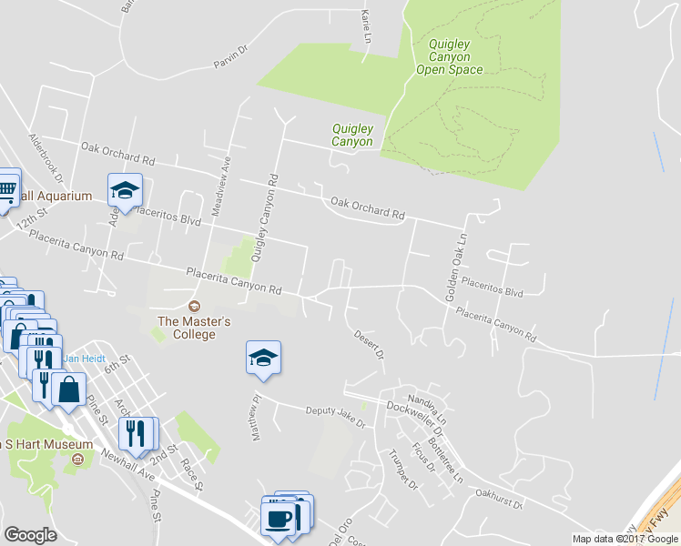 map of restaurants, bars, coffee shops, grocery stores, and more near 21515 Placerita Canyon Road in Santa Clarita