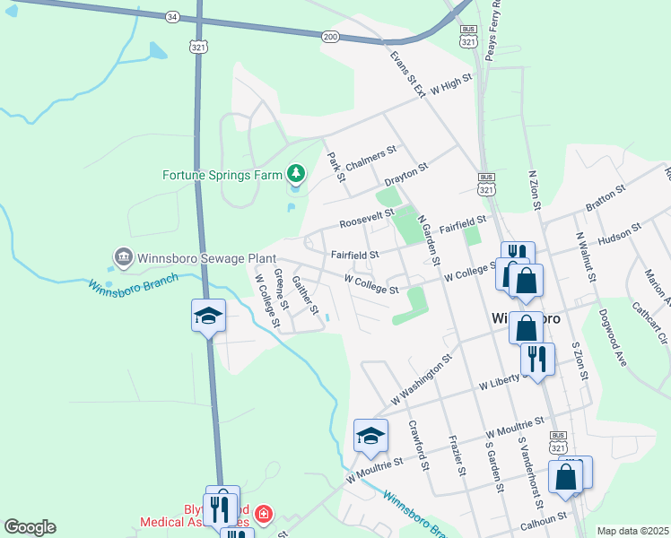 map of restaurants, bars, coffee shops, grocery stores, and more near 302 Spring Street in Winnsboro