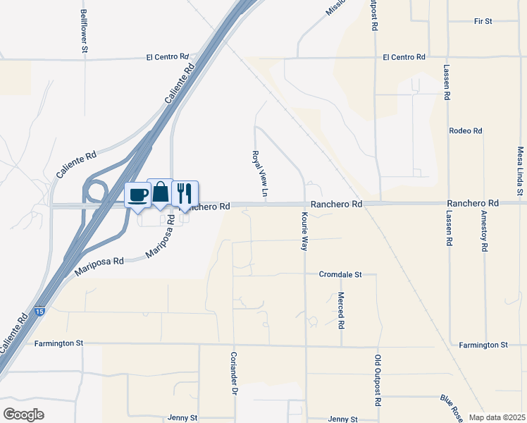 map of restaurants, bars, coffee shops, grocery stores, and more near Ranchero Road in Hesperia