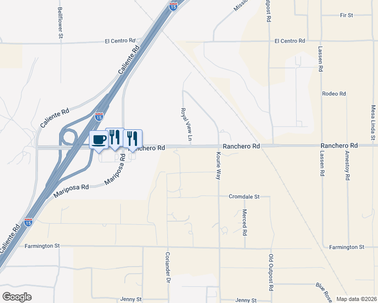 map of restaurants, bars, coffee shops, grocery stores, and more near 7322 Royal View Lane in Hesperia