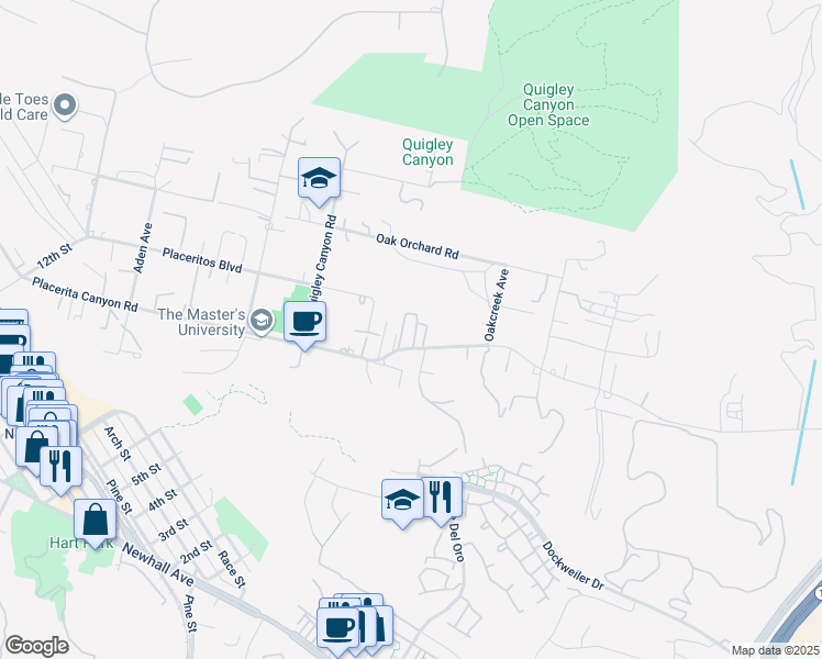 map of restaurants, bars, coffee shops, grocery stores, and more near 21515 Placerita Canyon Road in Santa Clarita
