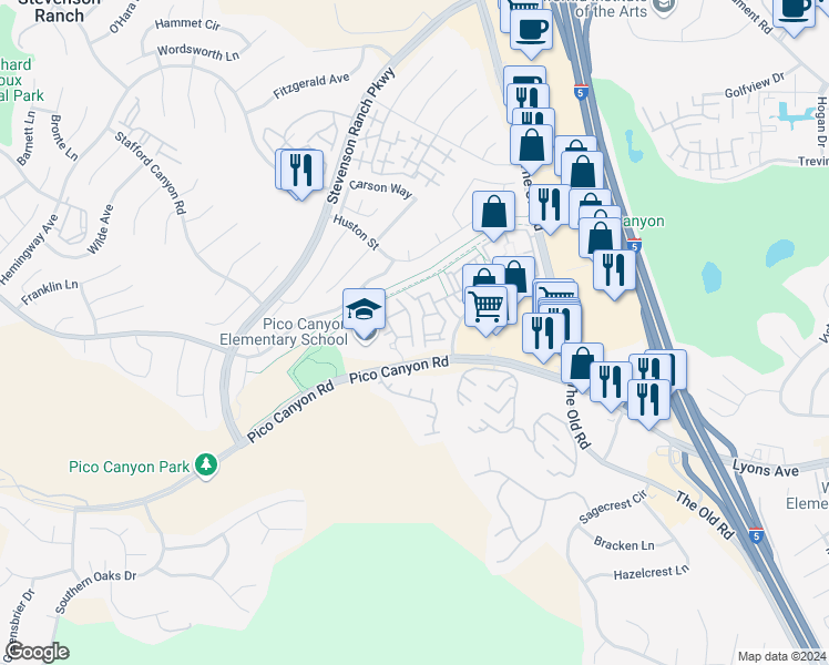 map of restaurants, bars, coffee shops, grocery stores, and more near 25444 Wharton Drive in Stevenson Ranch
