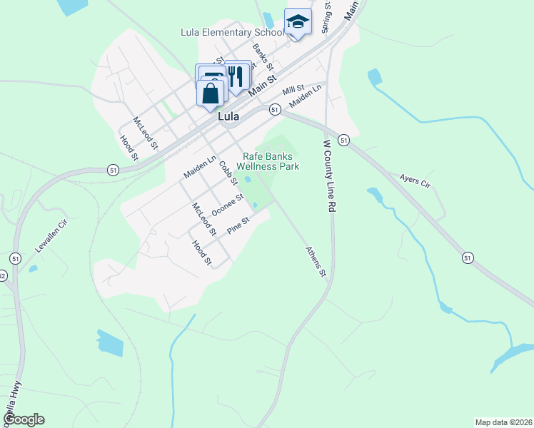 map of restaurants, bars, coffee shops, grocery stores, and more near 5714 Pine Street in Lula