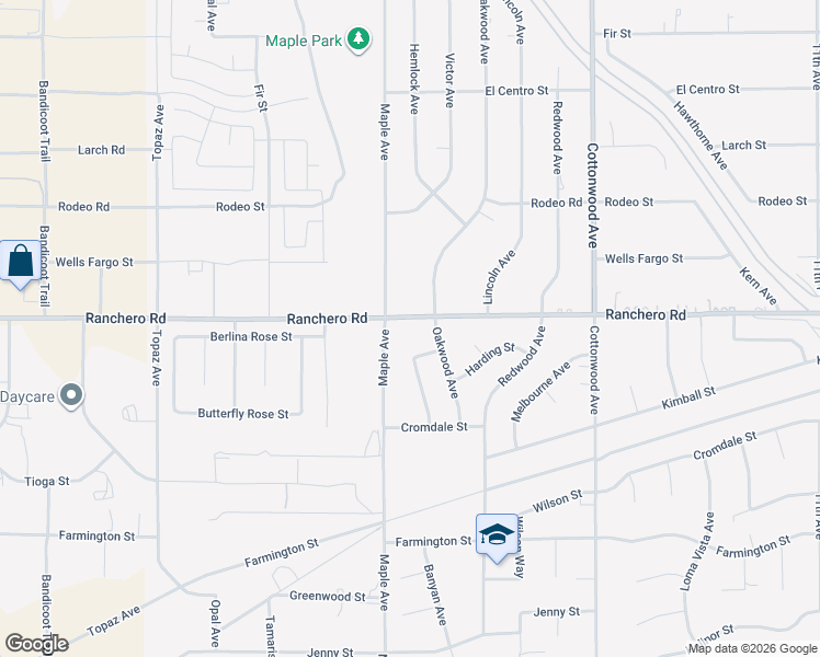 map of restaurants, bars, coffee shops, grocery stores, and more near 14555 Ranchero Road in Hesperia