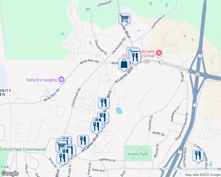 map of restaurants, bars, coffee shops, grocery stores, and more near 1400-1448 N Lamar Blvd in Oxford