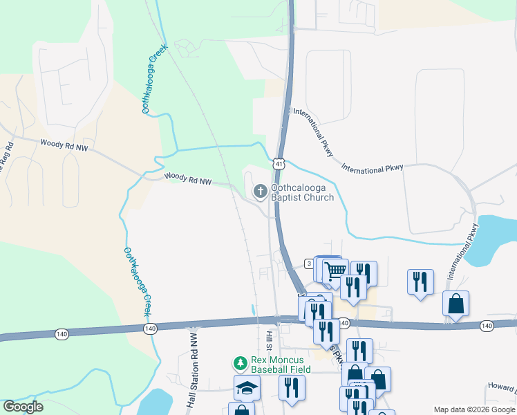map of restaurants, bars, coffee shops, grocery stores, and more near 0 Woody Road in Adairsville