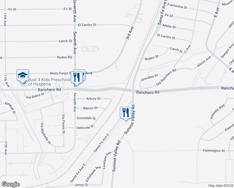 map of restaurants, bars, coffee shops, grocery stores, and more near 7267 Dalscote Street in Hesperia