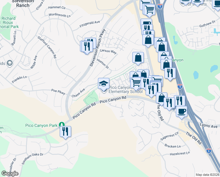 map of restaurants, bars, coffee shops, grocery stores, and more near 25209 Bishop Court in Stevenson Ranch
