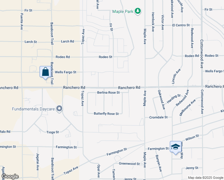 map of restaurants, bars, coffee shops, grocery stores, and more near 14292 Berlina Rose Street in Hesperia