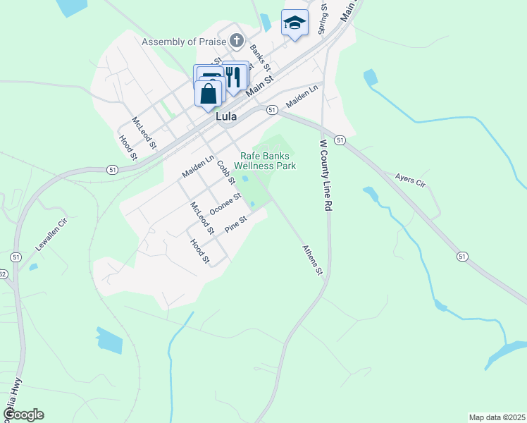 map of restaurants, bars, coffee shops, grocery stores, and more near 5714 Pine Street in Lula
