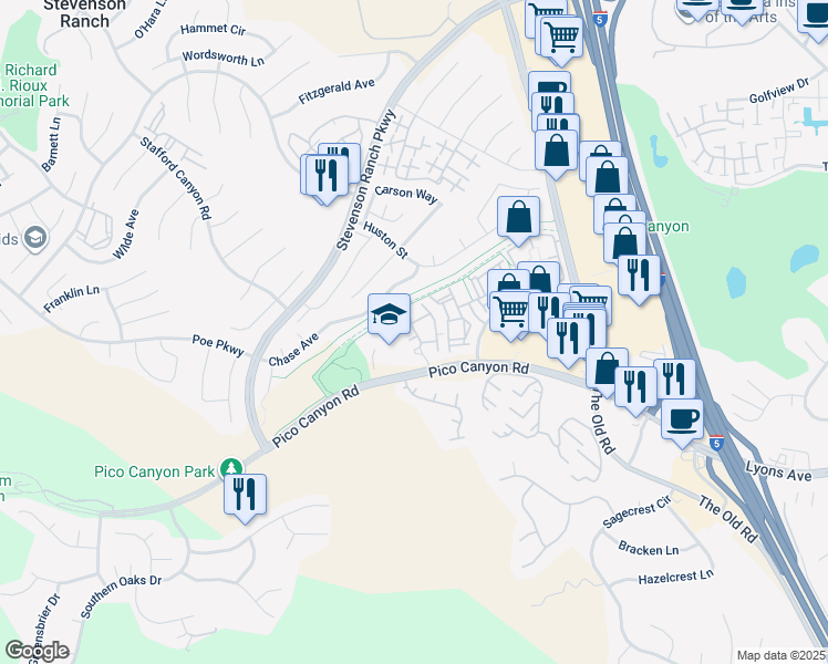 map of restaurants, bars, coffee shops, grocery stores, and more near 25511 Huxley Drive in Stevenson Ranch