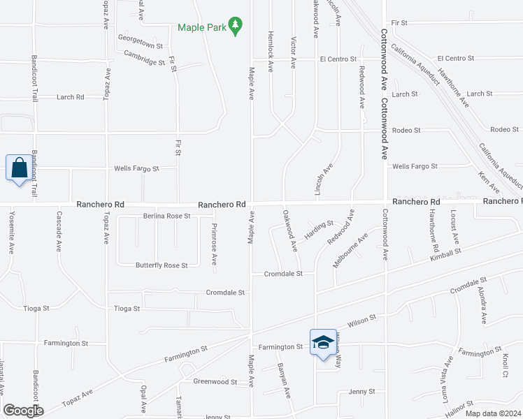 map of restaurants, bars, coffee shops, grocery stores, and more near 14545 Ranchero Road in Hesperia