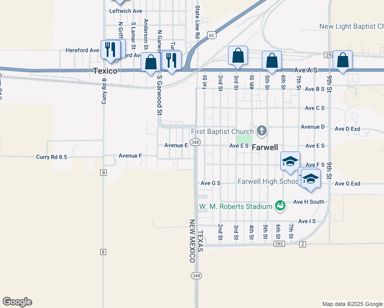 map of restaurants, bars, coffee shops, grocery stores, and more near 612 New Mexico 348 in Texico