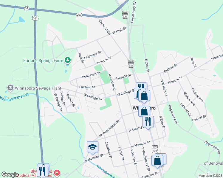 map of restaurants, bars, coffee shops, grocery stores, and more near 204 North Garden Street in Winnsboro