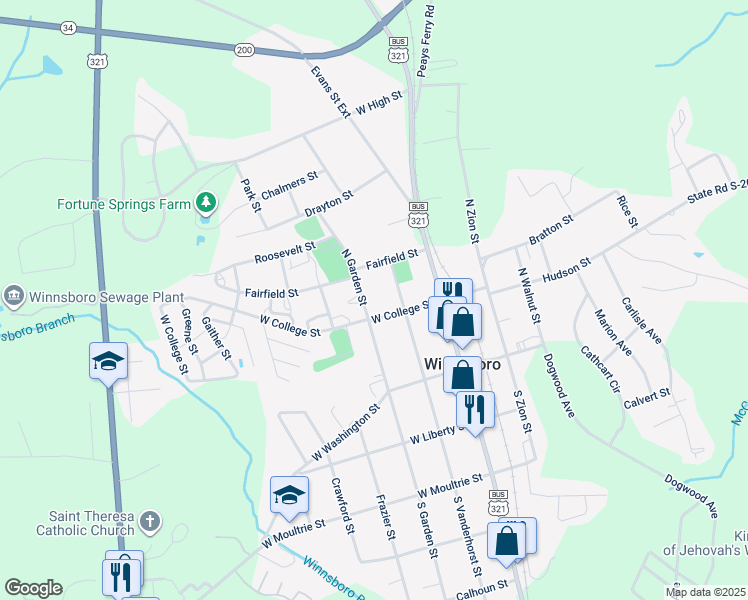 map of restaurants, bars, coffee shops, grocery stores, and more near 210 North Garden Street in Winnsboro