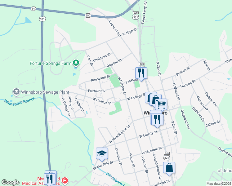 map of restaurants, bars, coffee shops, grocery stores, and more near 204 North Garden Street in Winnsboro