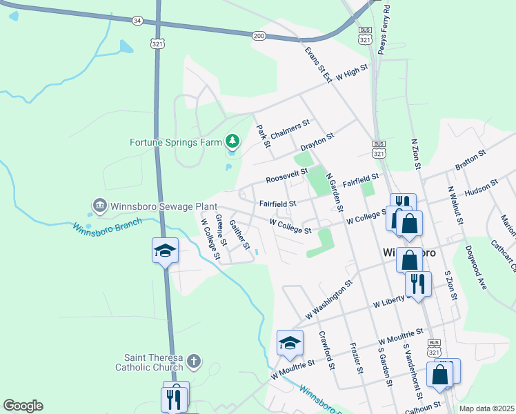 map of restaurants, bars, coffee shops, grocery stores, and more near 302 Spring Street in Winnsboro