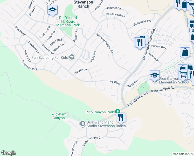 map of restaurants, bars, coffee shops, grocery stores, and more near 25938 Coleridge Pl in Stevenson Ranch