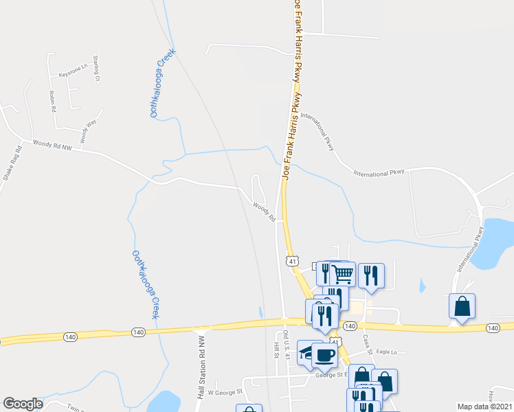 map of restaurants, bars, coffee shops, grocery stores, and more near 0 Woody Road in Adairsville