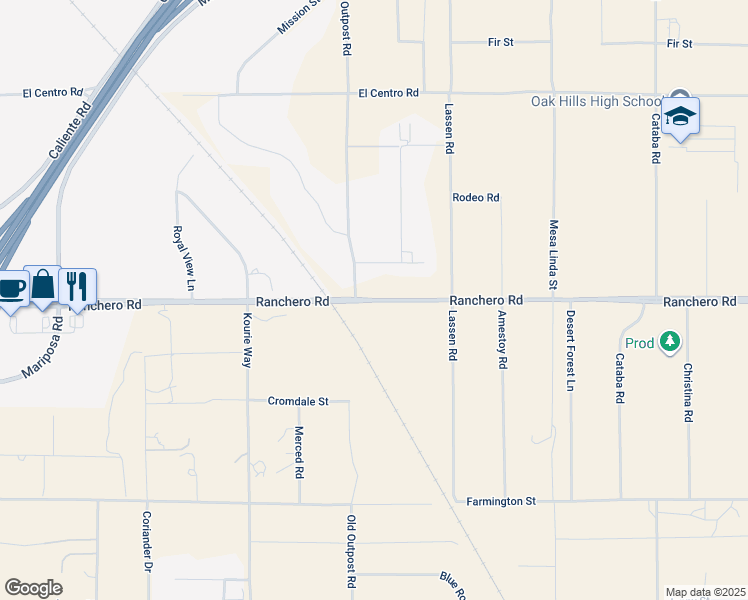 map of restaurants, bars, coffee shops, grocery stores, and more near Ranchero Road in Hesperia