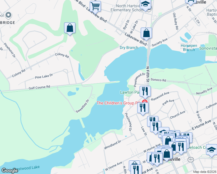 map of restaurants, bars, coffee shops, grocery stores, and more near 916 Sweetbay Drive in Hartsville