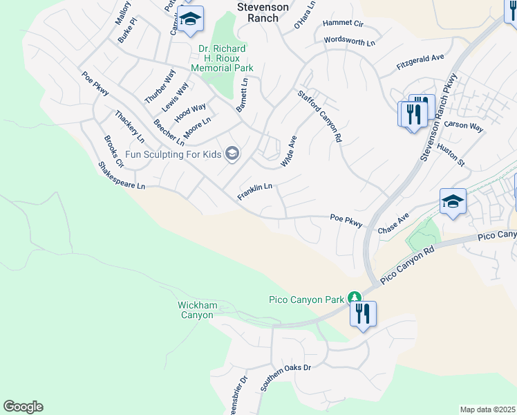 map of restaurants, bars, coffee shops, grocery stores, and more near 25407 Verne Court in Stevenson Ranch