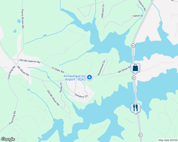 map of restaurants, bars, coffee shops, grocery stores, and more near Old Mount Hebron Road in Hartwell