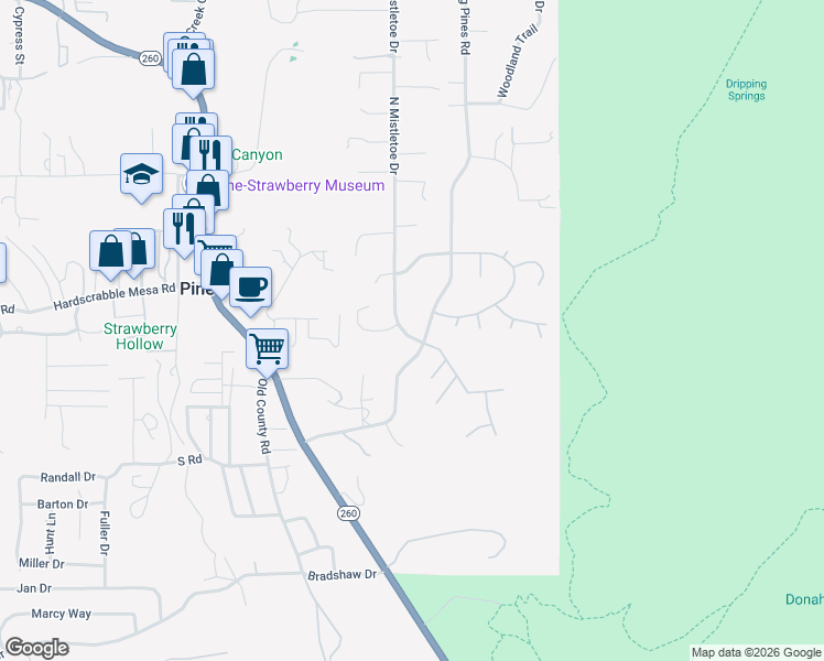 map of restaurants, bars, coffee shops, grocery stores, and more near 3621 North Mistletoe Drive in Pine
