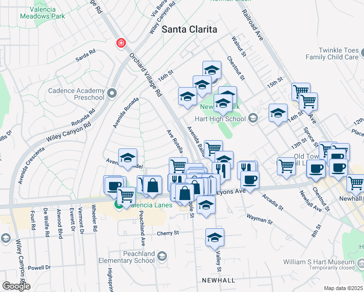 map of restaurants, bars, coffee shops, grocery stores, and more near 25094 Avenue Rotella in Santa Clarita