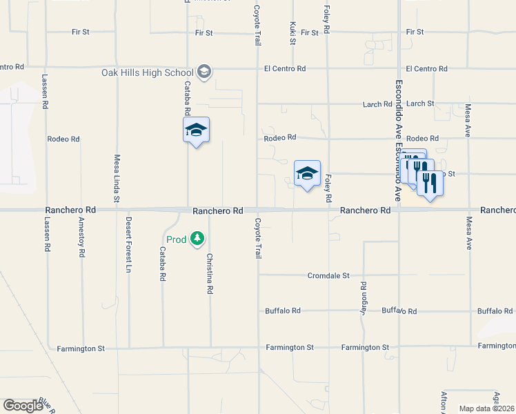 map of restaurants, bars, coffee shops, grocery stores, and more near 7300 Coyote Trail in Hesperia