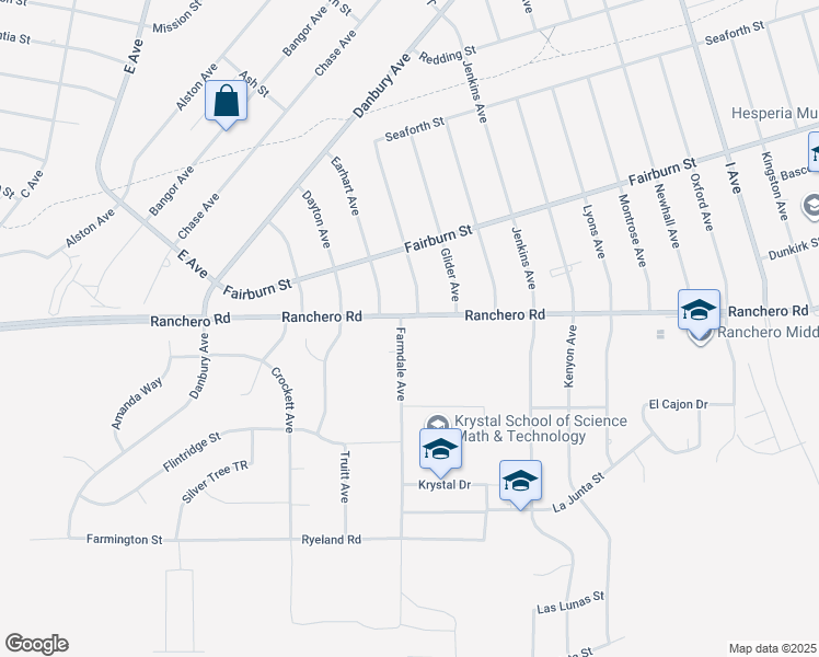 map of restaurants, bars, coffee shops, grocery stores, and more near 17111 Ranchero Street in Hesperia