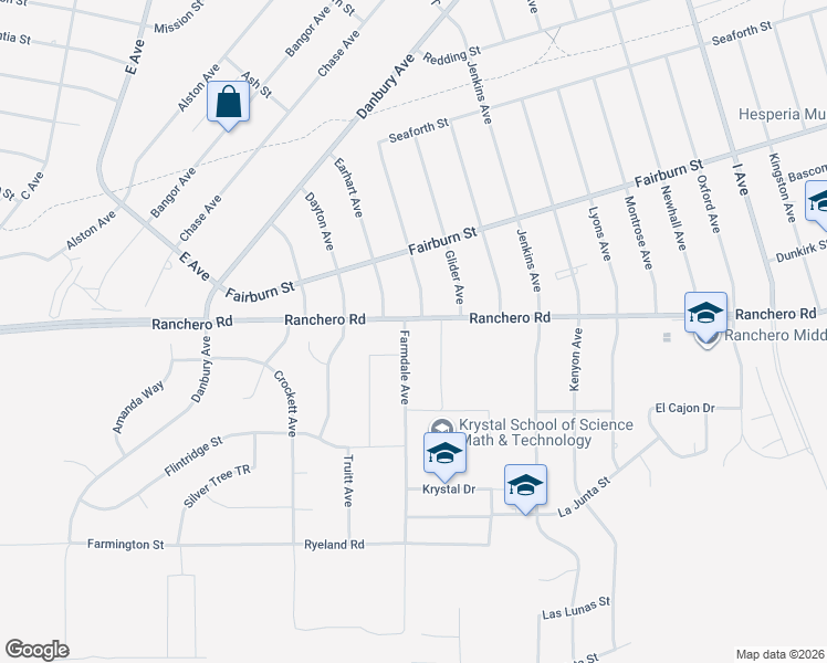 map of restaurants, bars, coffee shops, grocery stores, and more near 7294 Farmdale Avenue in Hesperia
