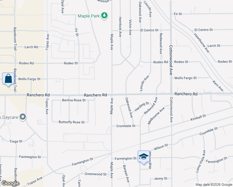 map of restaurants, bars, coffee shops, grocery stores, and more near 14555 Ranchero Road in Hesperia