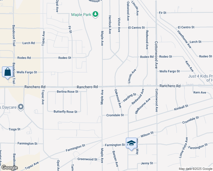 map of restaurants, bars, coffee shops, grocery stores, and more near Ranchero Road in Hesperia