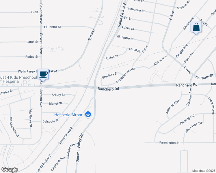 map of restaurants, bars, coffee shops, grocery stores, and more near Ranchero Road in Hesperia