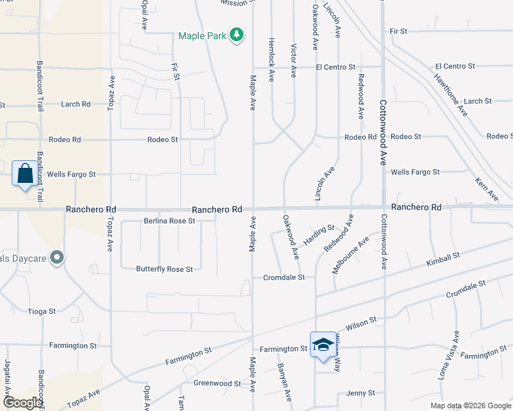 map of restaurants, bars, coffee shops, grocery stores, and more near 14545 Ranchero Road in Hesperia