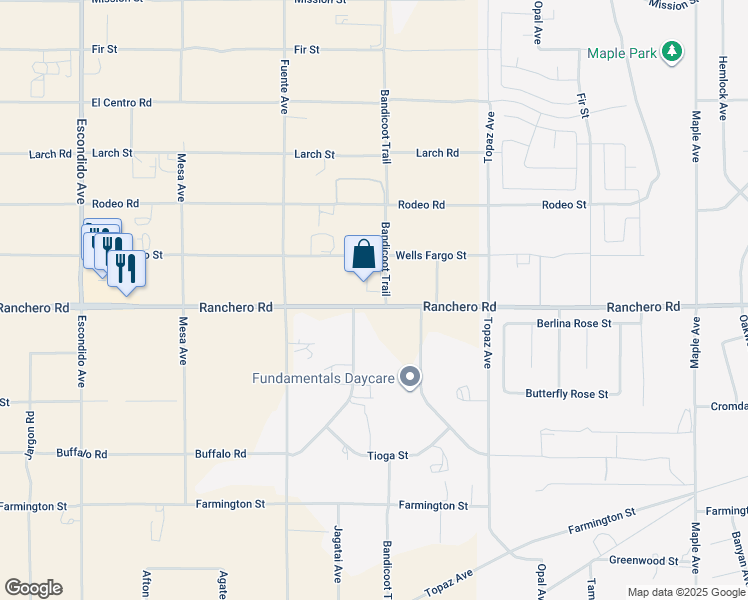 map of restaurants, bars, coffee shops, grocery stores, and more near 13874 Ranchero Road in Oak Hills